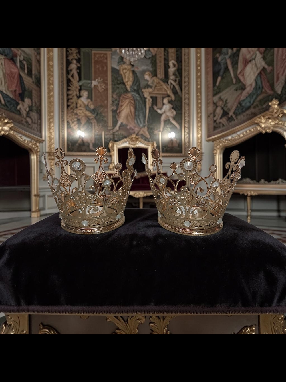 Pair of Decorative Gold Crowns with Faux Pearls Candle Holders